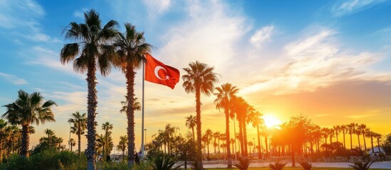 Obraz premium Serene Sunset in Turkey with Palm Trees and a Waving Turkish Flag