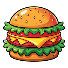 Cartoon Styled Burger with Cheese, Tomato, Lettuce on a White Isolated Background