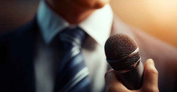 Close up of a person in professional business attire holding a microphone, ready to deliver a speech or presentation on stage. - Powered by Adobe