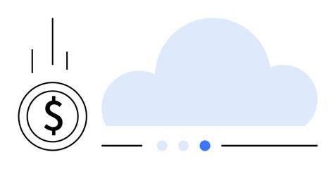 Blue cloud with minimal navigation dots and digital dollar coin representing finance, economy, or cloud services. Ideal for technology, fintech, investment, savings, digital business, SaaS simple