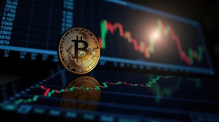 Silhouetted Bitcoin on Fluctuating Stock Chart A Low Angle Perspective