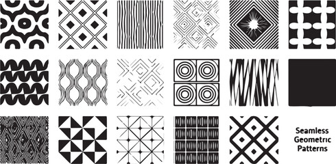 Fototapeta premium Seamless Geometric Patterns - A Diverse Collection of Black and White Designs