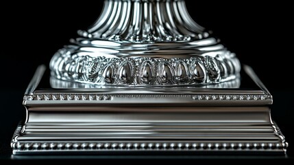 Close-up of ornate, gleaming silver pedestal base, showcasing detailed craftsmanship and reflections against a stark black background
