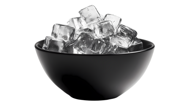A black bowl filled to the brim with shiny ice cubes  a stark  in monochrome style isolated on transparent background