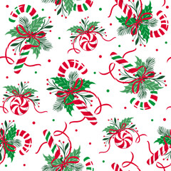 Christmas Candy Cane, Peppermint Candy, Greenery, with Bows, and Snowflakes Seamless Pattern. White Background- Christmas Seamless Patter Vector Illustration