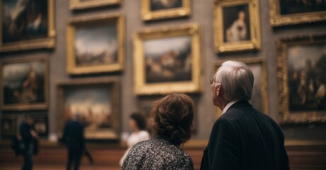 Museum Visitors: An elderly couple admires artwork in a gallery filled with framed paintings, appreciating art and cultural enrichment.