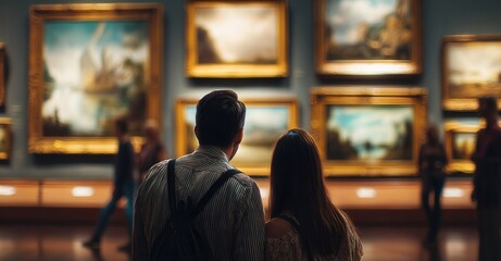 Obraz premium Couple admiring art in museum. Numerous golden framed paintings adorn wall, illuminating history and culture to viewers in peaceful setting.
