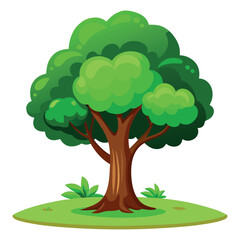 Cartoon Tree Lush Green Foliage, Brown Trunk, Grassy Base on White