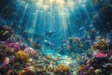 Obraz premium A Whimsical Underwater Scene with Dancing Jellyfish, Curious Fish, and Coral Castles in Dreamy Blues