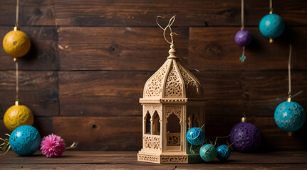 Eid ul Azha decoration on wooden background,generative.ai

