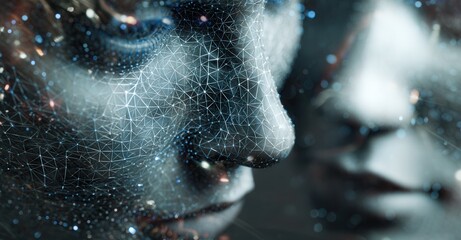Abstract digital human face with a polygonal mesh, showcasing network connectivity and futuristic technology or artificial intelligence concept.