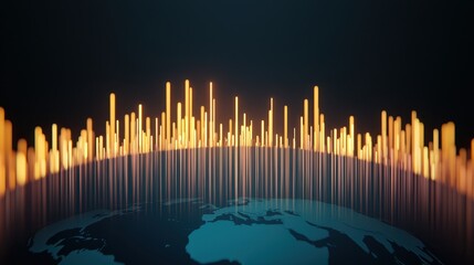 economy business sustainability concept. Digital representation of global data visualization with glowing vertical bars over a globe.
