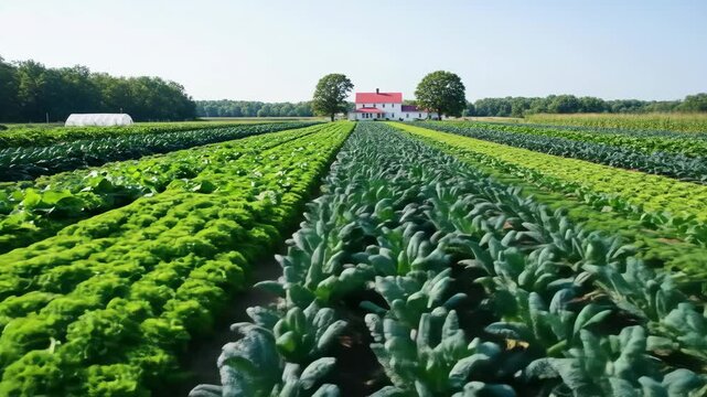 A vast agricultural field with rows of green vegetables, including lettuce and kale. A farmhouse is visible in the background under a clear blue sky.