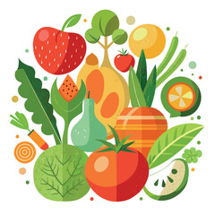 Flat Design of Fruits & Vegetables Strawberry, Carrot, Orange, Tomato, Onion, Leaves