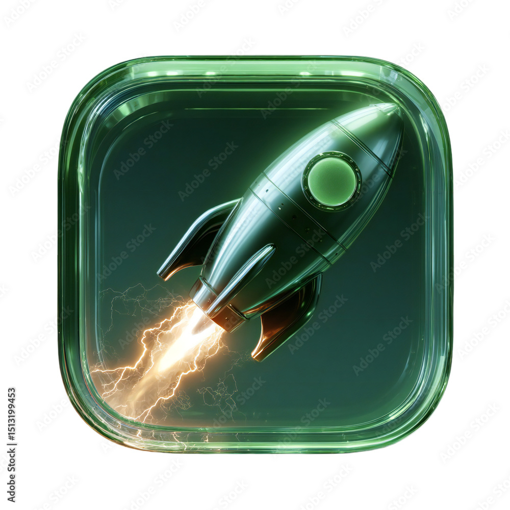 Aufkleber a glossy green icon featuring a rocket launching with flames in a rounded square frame on transparen
