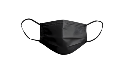 A single black surgical mask isolated  a stark  in a studio setting isolated on transparent background