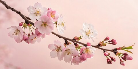 Fototapeta premium Delicate Cherry Blossom Branch with Pink and White Flowers Against a Soft Pink Background in a Horizontal Composition