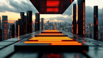 conceptual digital panel hovering over modern urban skyline, abstract interface graphics, clean futuristic design