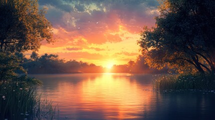 Fototapeta premium Tranquil lake landscape reflecting the colorful hues of the setting sun