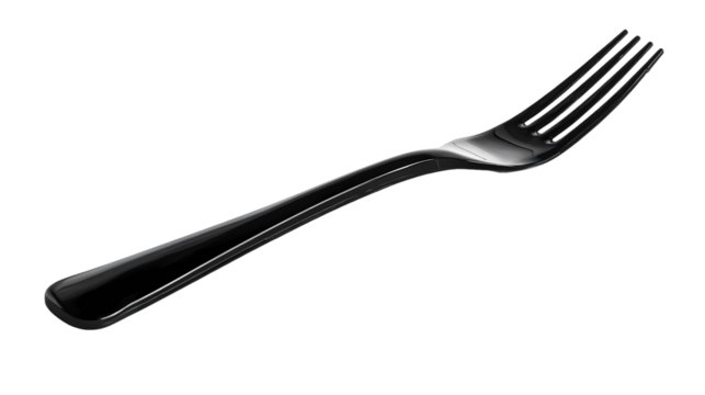 A single dark fork lying diagonally in a studio setting with lighting isolated on transparent background