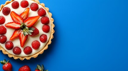 Strawberry Raspberry Tart on Blue Background