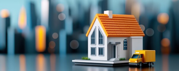 economy  business  sustainability concept. Miniature house model with a moving truck against a blurred city backdrop.