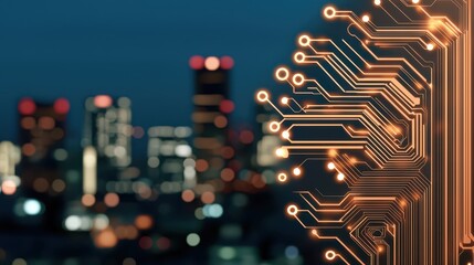 economy  business  sustainability concept. Abstract circuit design overlays a blurred city skyline at dusk.