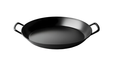 A close up shot of a dark paella pan with handles isolated   studio shot isolated on transparent background