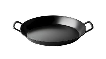 A close up shot of a dark paella pan with handles isolated   studio shot isolated on transparent background