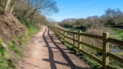 Sunny Dirt Path with Wooden Fence and Lush Green Foliage