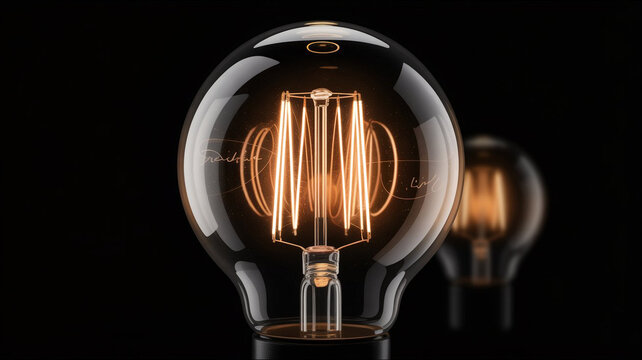 Photo of a vintage-style Edison light bulb with glowing filaments against a black background