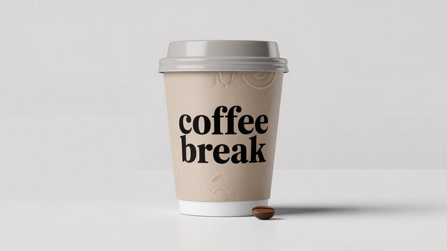 Photo of a disposable coffee cup with the text “coffee break” printed in black