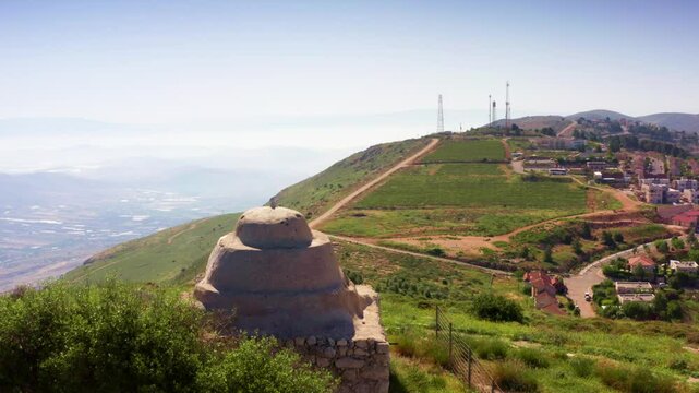 Mount Kabir in Samaria and the tomb of the sheikh or maqam Nebi Belan Ibn Ruba. 4k drone video
