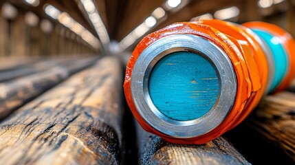 Fototapeta premium Teal and Orange Industrial Cylinder on Weathered Wood