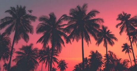 Obraz premium Silhouetted palm trees against a vibrant sunset, creating a tropical ambiance. Warm hues of pink and orange paint the tranquil sky.