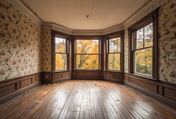 Obraz premium Dilapidated Room with Bay Window Overlooking Autumn Trees in an Abandoned House Requiring Renovation and Restoration Featuring Hardwood Floors and Floral Wallpaper