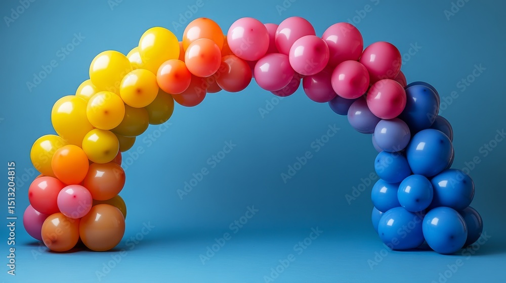 Poster dynamic balloon arch display with vibrant color spectrum against tranquil blue backdrop showcasing c