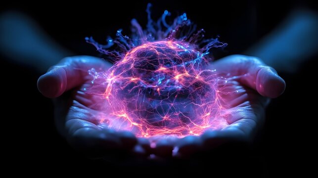 Hands Cradling a Luminous Neural Energy Orb