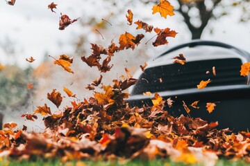 Autumn leaves being blown by a leaf blower