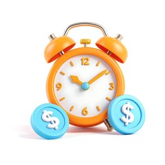 3D icon of Orange alarm clock with blue dollar coins isolated on white background