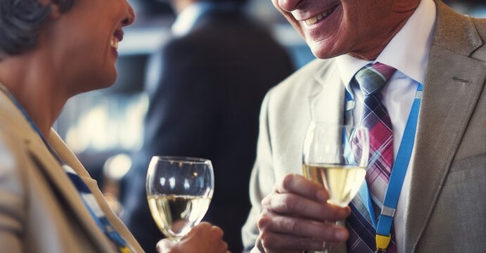 Networking at a conference with professionals enjoying wine while engaging in conversations, creating valuable connections in a collaborative environment.