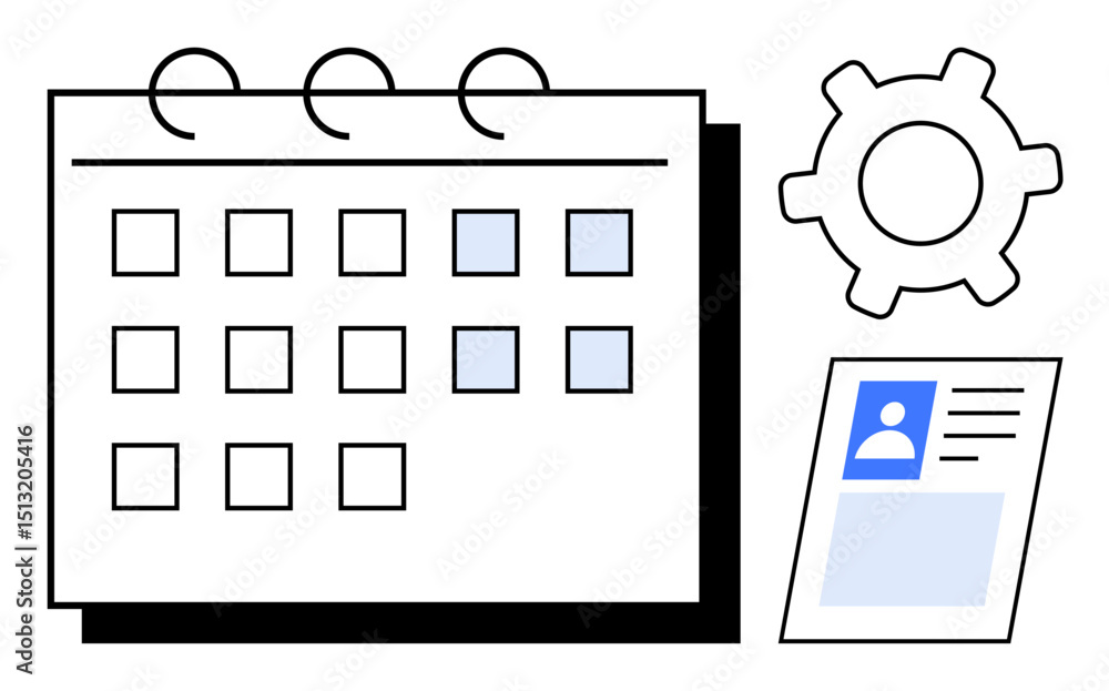 Poster calendar with marked dates, id card, and gear symbolizing organization, task planning, and workflow 