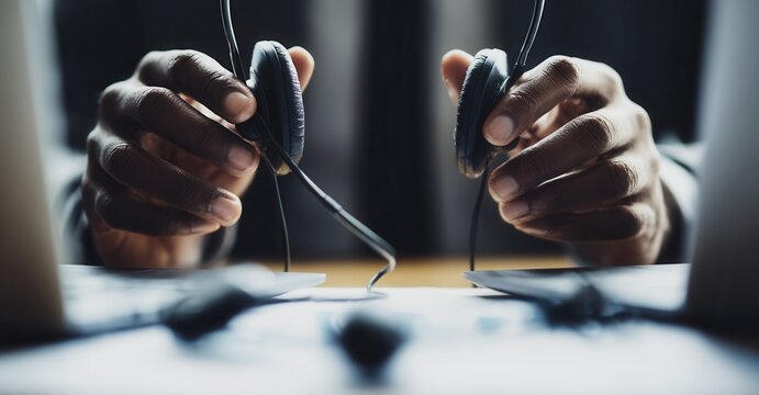 Hands holding headset in office with laptops. Preparing for customer support or conference call. Remote work and virtual communication.