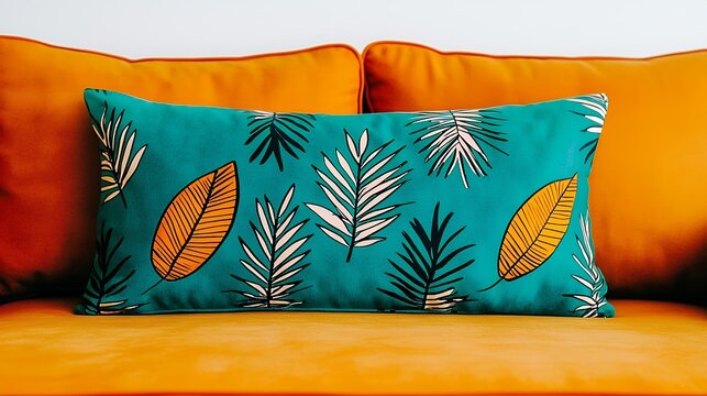 Teal Tropical Leaf Pattern Throw Pillow on Orange Couch