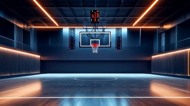 Dynamic interior showcasing a modern basketball court with sleek dark walls, illuminated by vivid neon lighting accents defining the space