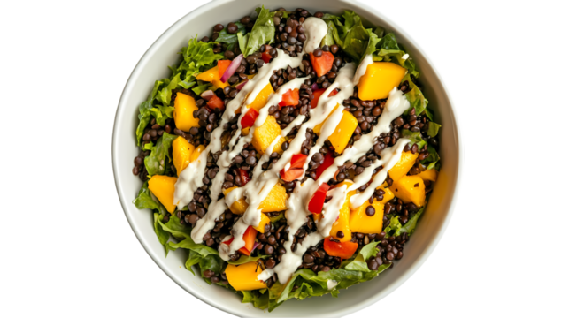 A vibrant lentil salad with mango, lettuce, tomatoes, onions, and a creamy white dressing drizzle isolated on transparent background