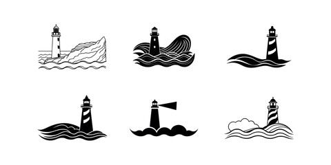 Vector silhouette light house illustration set with cargo boat icon and anchor symbol for sea travel and transportation