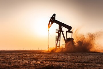 Naklejka premium Oil Pump Jack Operating at Sunset in Open Field