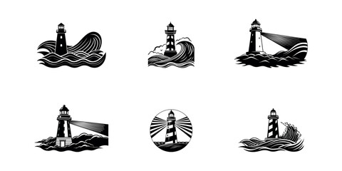 Vector silhouette light house illustration set with cargo boat icon and anchor symbol for sea travel and transportation