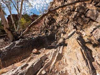 Red Rock Cliffs and Sedimentary Layers Along Brachina Gorge Geological Trail in Flinders Ranges National Park, South Australia